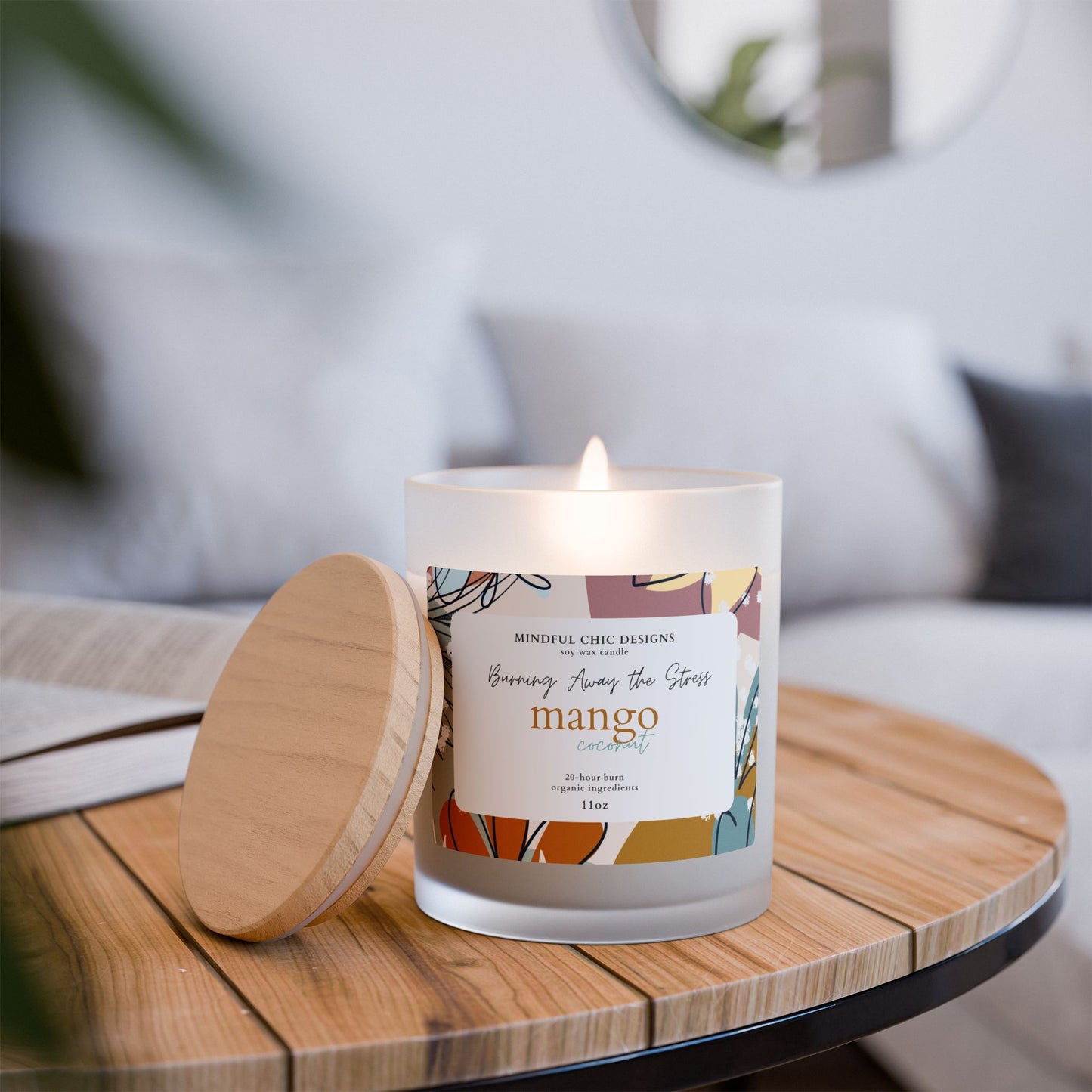 Mango Coconut Scented Candle - Relaxing Tropical Soy Wax Candle in Frosted Glass with Wooden Wick, Home Decor, Relaxation Gift, Calming Aromatherapy Candle