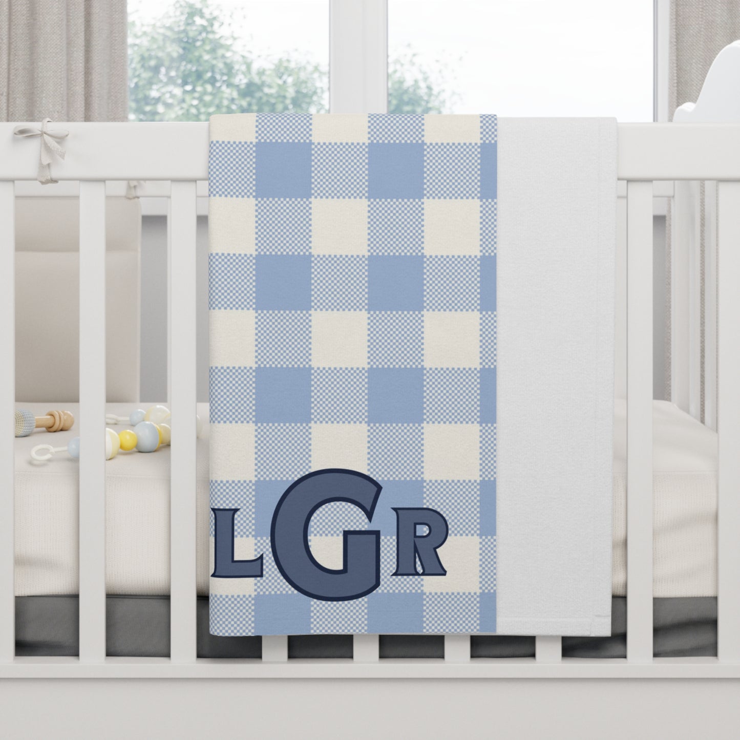 Personalized Fleece Baby Blanket with Custom Initials Blue and White Plaid Design Soft Newborn Blanket with Monogrammed Initials Custom baby blanket for baby shower gift - Mindful Chic Designs