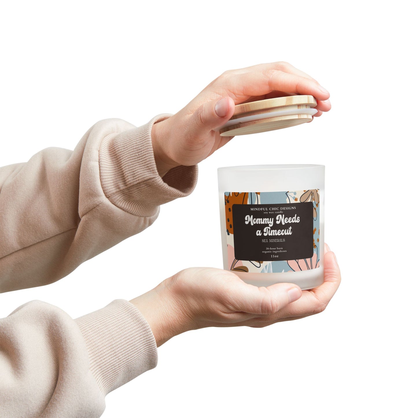 Scented Candle, Mommy Needs a Time Out Candle in Frosted Glass with Wood Wick, Eco-friendly Mom Gift - Mindful Chic Designs