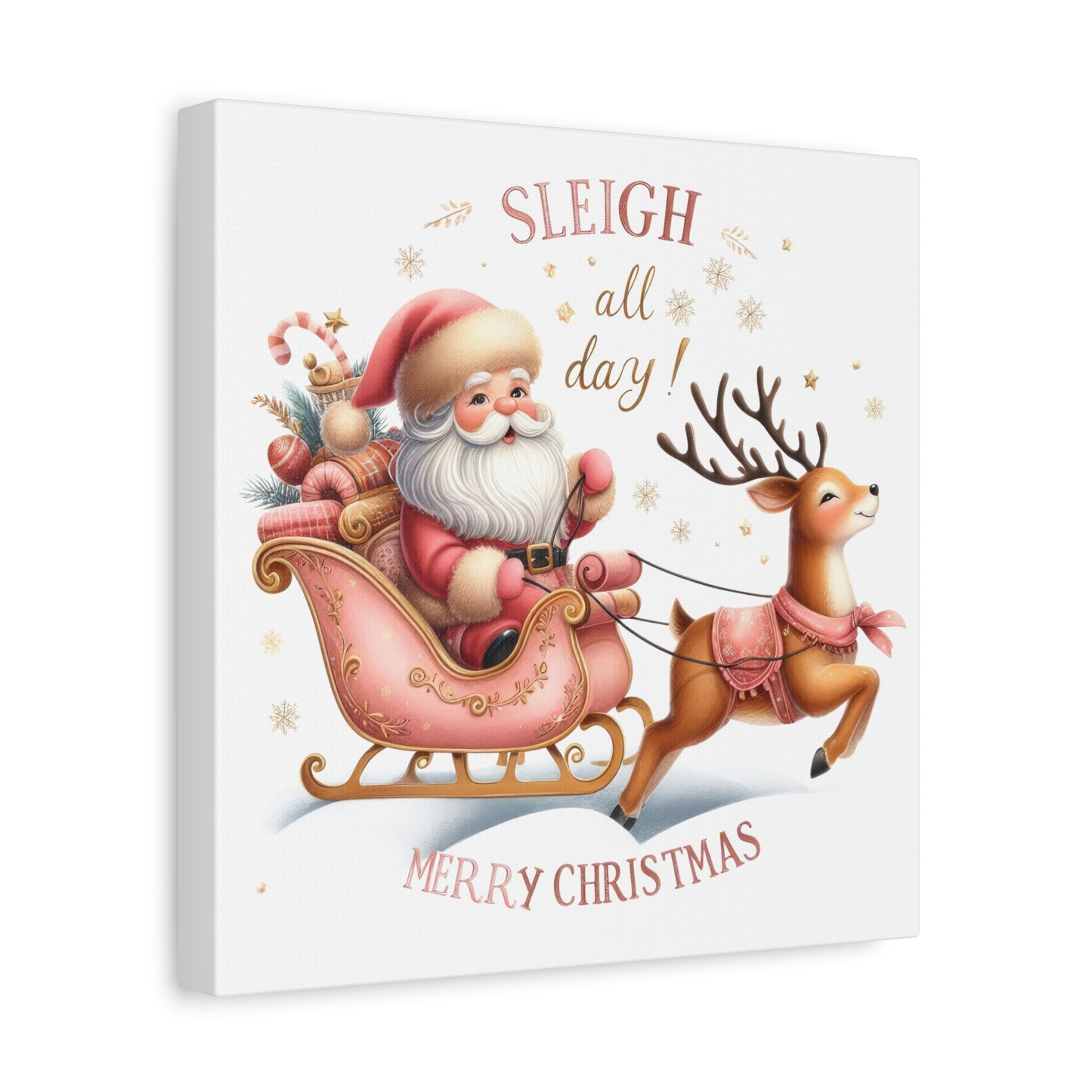 Sleigh All Day Pink Christmas Canvas Wall Art Merry Christmas Wall Art with Pink Santa and Reindeer Santa Sleigh Pink Christmas Art Print for holiday decor