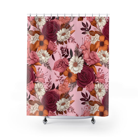 Pink floral shower curtain for cozy bathroom decor Romantic pink floral shower curtain for farmhouse style floral shower curtain with botanical pattern