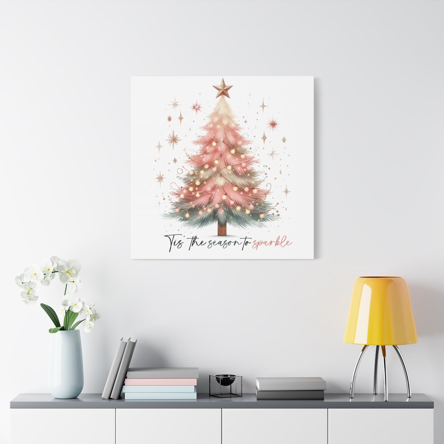 Pink Christmas tree wall art canvas for holiday decor Pink Christmas Decor Tis the Season Sparkling pink holiday wall art for home decor