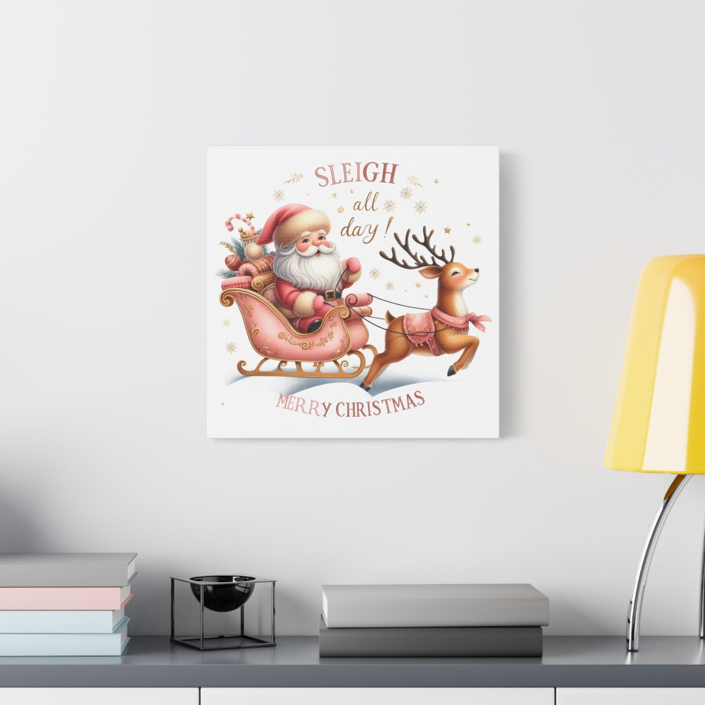 Sleigh All Day Pink Christmas Canvas Wall Art Merry Christmas Wall Art with Pink Santa and Reindeer Santa Sleigh Pink Christmas Art Print for holiday decor