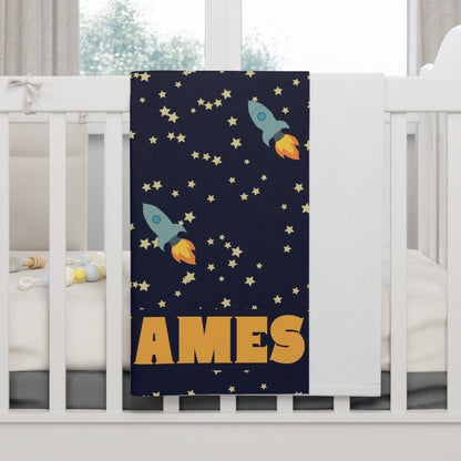 Personalized Kids Blanket with Name Space Theme Nursery Decor Bedding for Crib Custom Space Theme Bedroom Decor Rocket Ship Bed