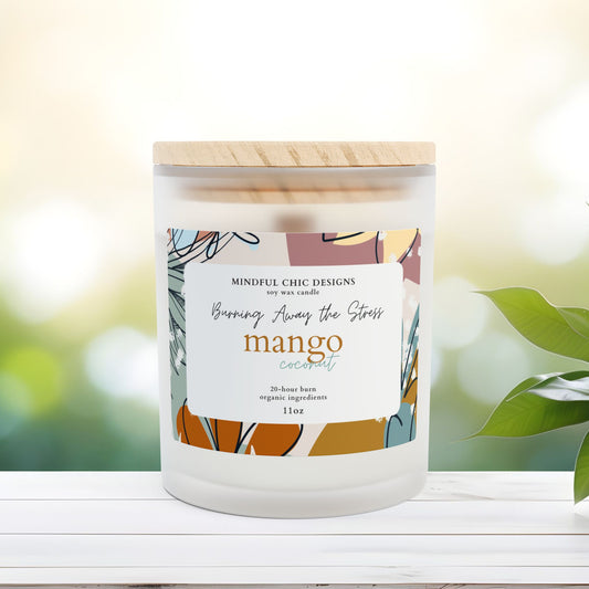 Mango Coconut Scented Candle - Relaxing Tropical Soy Wax Candle in Frosted Glass with Wooden Wick, Home Decor, Relaxation Gift, Calming Aromatherapy Candle