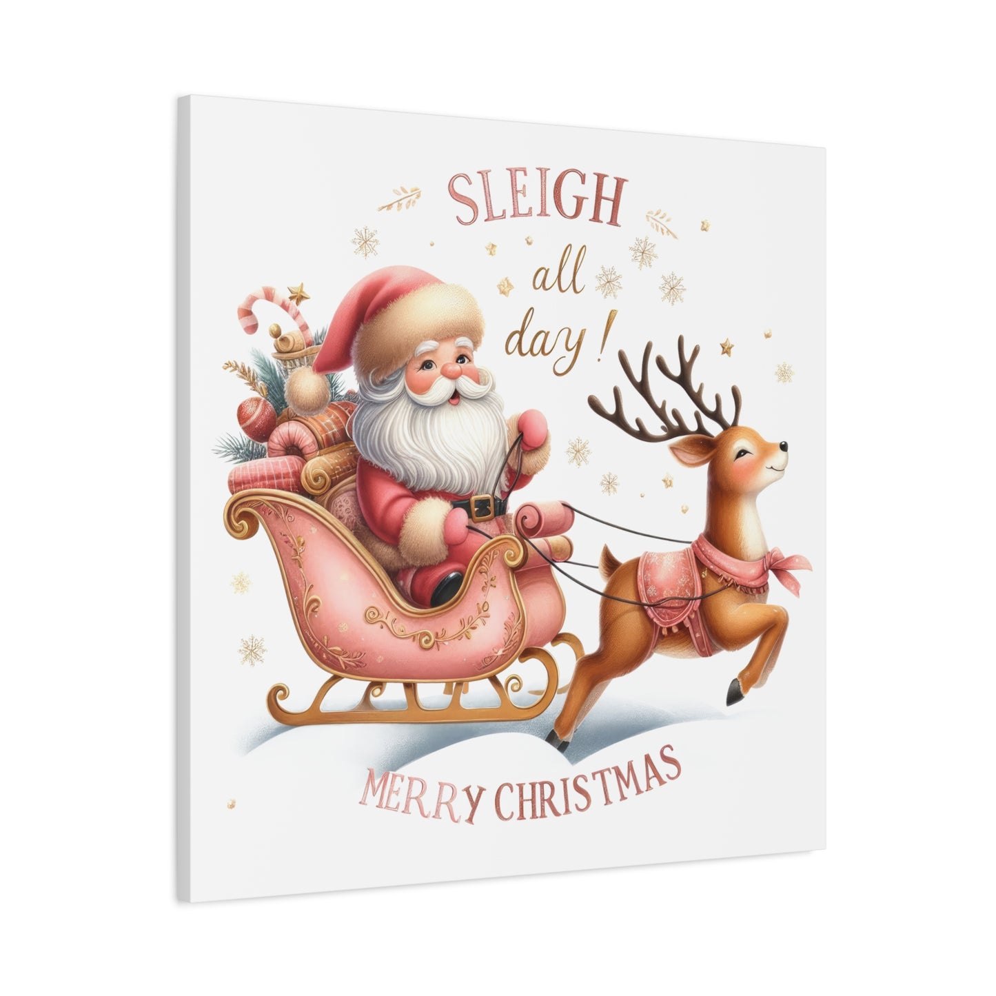 Sleigh All Day Pink Christmas Canvas Wall Art Merry Christmas Wall Art with Pink Santa and Reindeer Santa Sleigh Pink Christmas Art Print for holiday decor