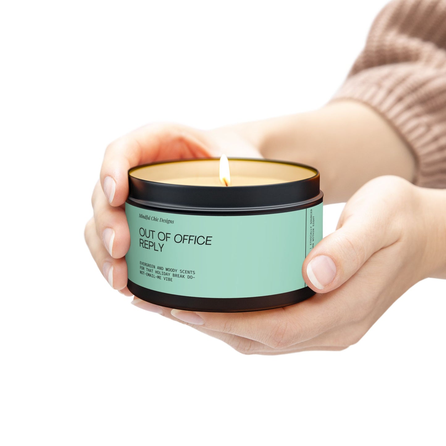 Evergreen Woody Scent Tin Candle Winter Aromatherapy Natural Coconut Soy Wax Long-Lasting Cozy Holiday Gift for Office Christmas Party Mini Candle Out of Office Reply - Mindful Chic Designs 