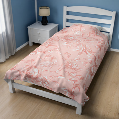 Pink Floral Toile Velveteen Plush Blanket Soft and Luxurious Blanket for Bedroom Floral toile velveteen blanket for cozy nights Blanket Throw for Bed