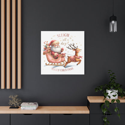 Sleigh All Day Pink Christmas Canvas Wall Art Merry Christmas Wall Art with Pink Santa and Reindeer Santa Sleigh Pink Christmas Art Print for holiday decor