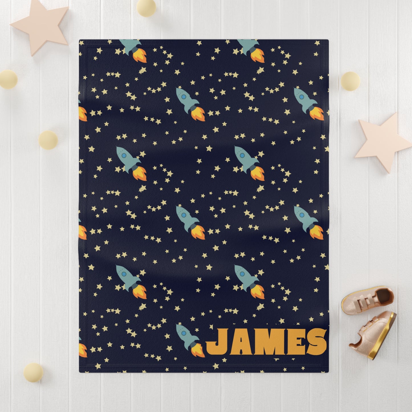 Personalized Kids Blanket with Name Space Theme Nursery Decor Bedding for Crib Custom Space Theme Bedroom Decor Rocket Ship Bed