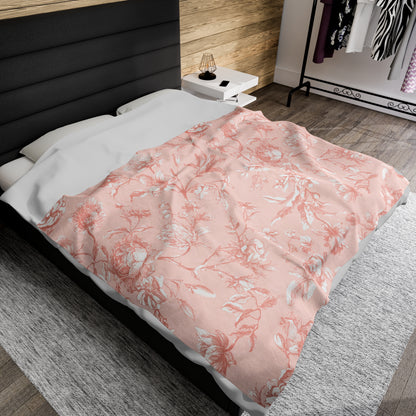 Pink Floral Toile Velveteen Plush Blanket Soft and Luxurious Blanket for Bedroom Floral toile velveteen blanket for cozy nights Blanket Throw for Bed