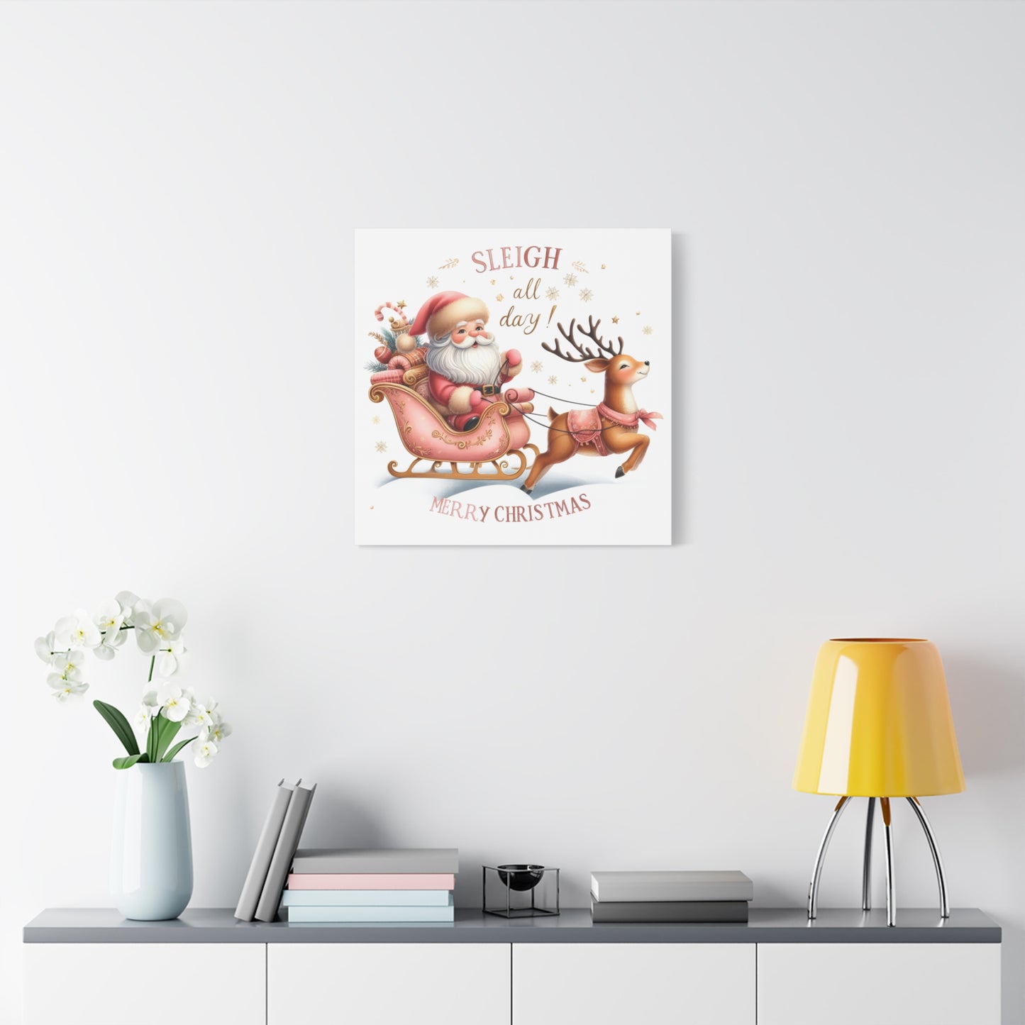 Sleigh All Day Pink Christmas Canvas Wall Art Merry Christmas Wall Art with Pink Santa and Reindeer Santa Sleigh Pink Christmas Art Print for holiday decor