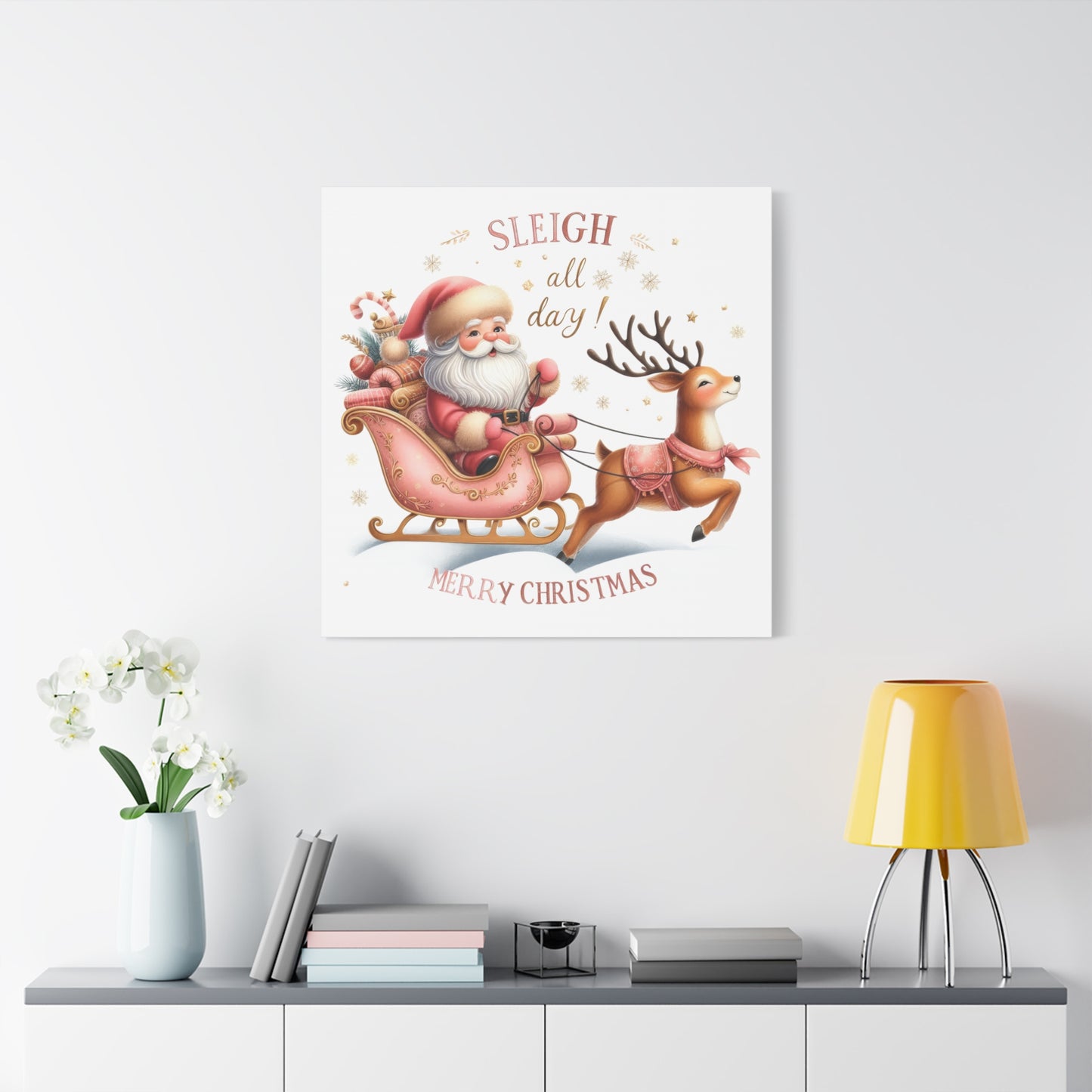 Sleigh All Day Pink Christmas Canvas Wall Art Merry Christmas Wall Art with Pink Santa and Reindeer Santa Sleigh Pink Christmas Art Print for holiday decor