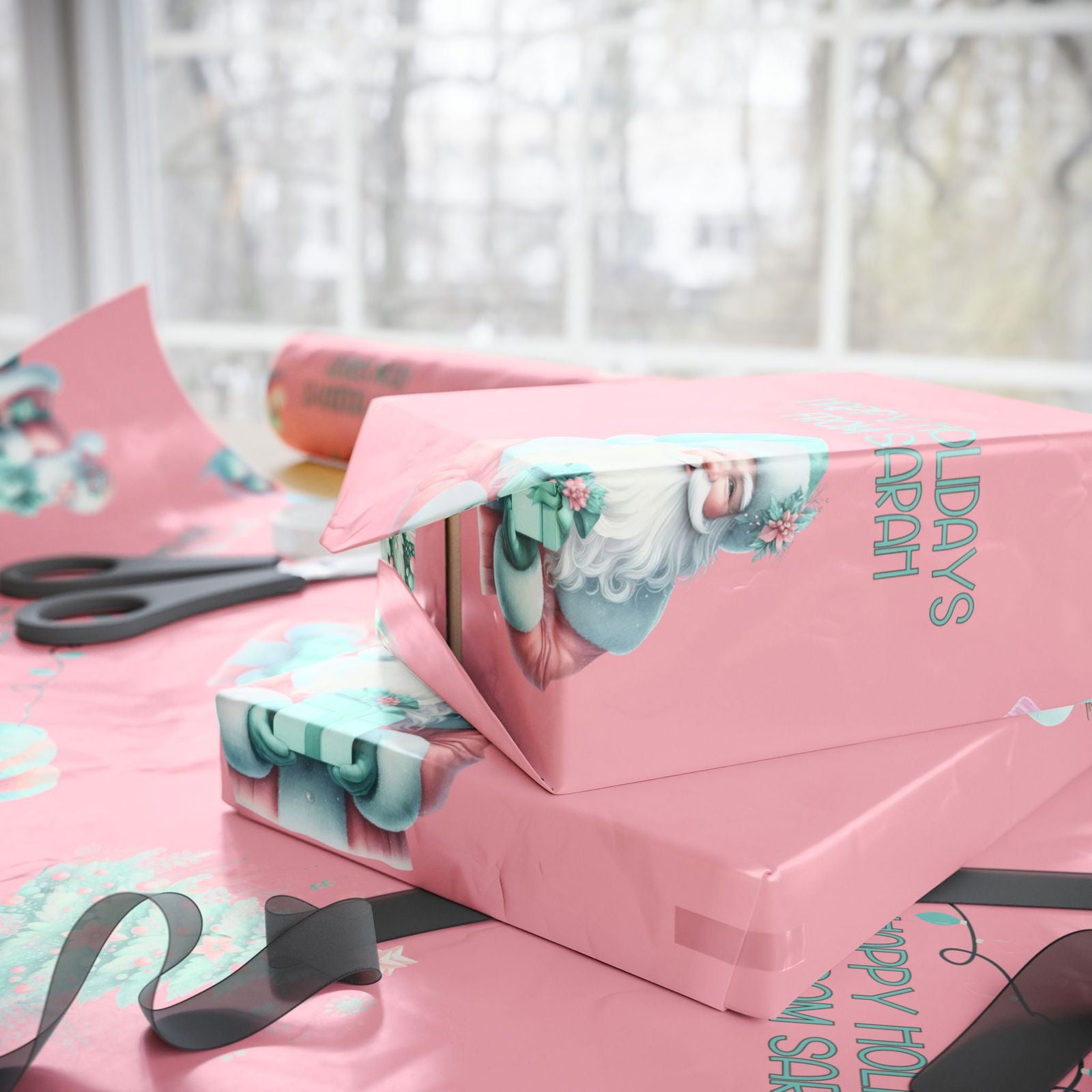 Custom Pink Christmas Wrapping Paper Modern Boho Christmas Personalized Holiday Gift Wrap in Pink Mint Boho Wrapping Paper for Holiday Gifts trendy boho Pinkmas gift wrap - Mindful Chic Designs 
