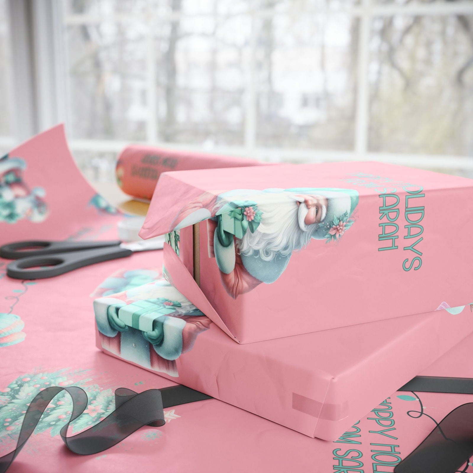 Custom Pink Christmas Wrapping Paper Modern Boho Christmas Personalized Holiday Gift Wrap in Pink Mint Boho Wrapping Paper for Holiday Gifts trendy boho Pinkmas gift wrap - Mindful Chic Designs 