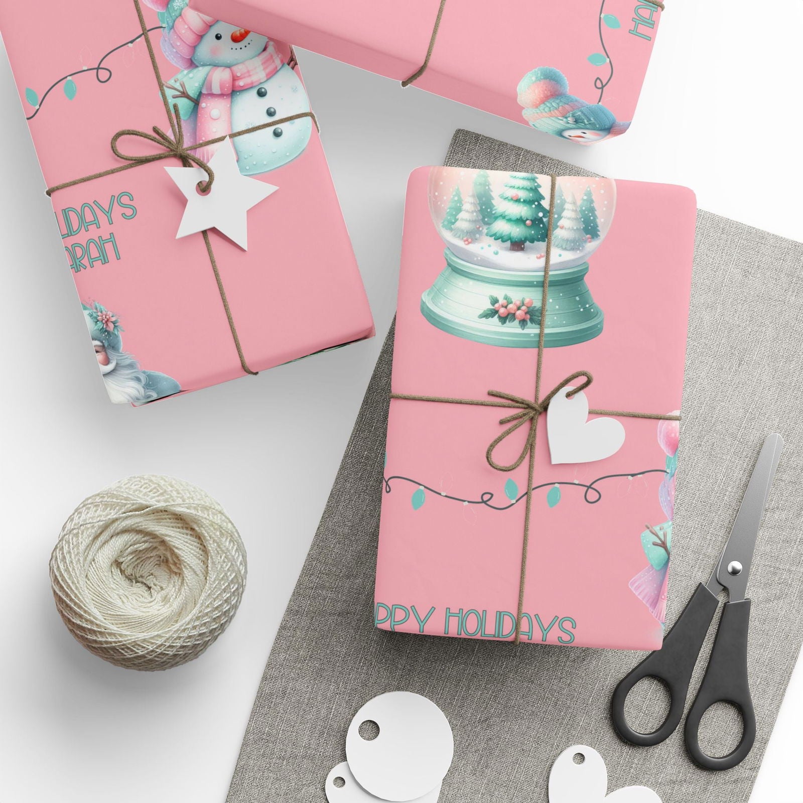 Custom Pink Christmas Wrapping Paper Modern Boho Christmas Personalized Holiday Gift Wrap in Pink Mint Boho Wrapping Paper for Holiday Gifts trendy boho Pinkmas gift wrap - Mindful Chic Designs 