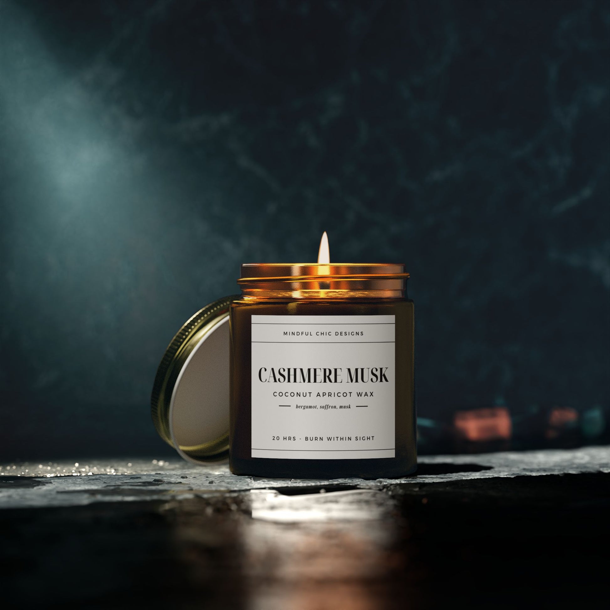 Scented Candle, Cashmere Musk, Amber Jar, 2 sizes - Mindful Chic Designs 
