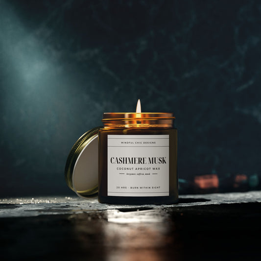Scented Candle, Cashmere Musk, Amber Jar, 2 sizes - Mindful Chic Designs 