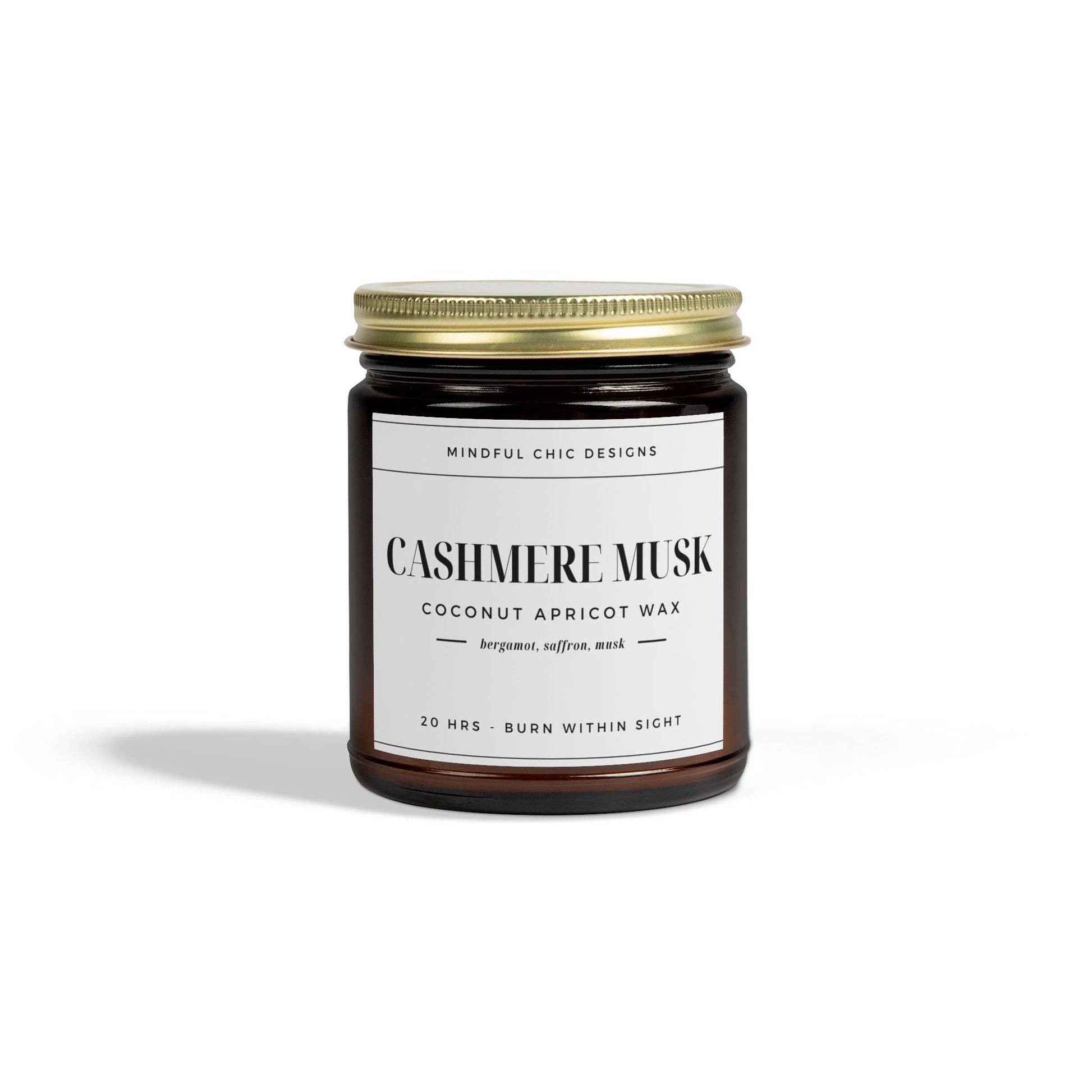 Scented Candle, Cashmere Musk, Amber Jar, 2 sizes - Mindful Chic Designs 