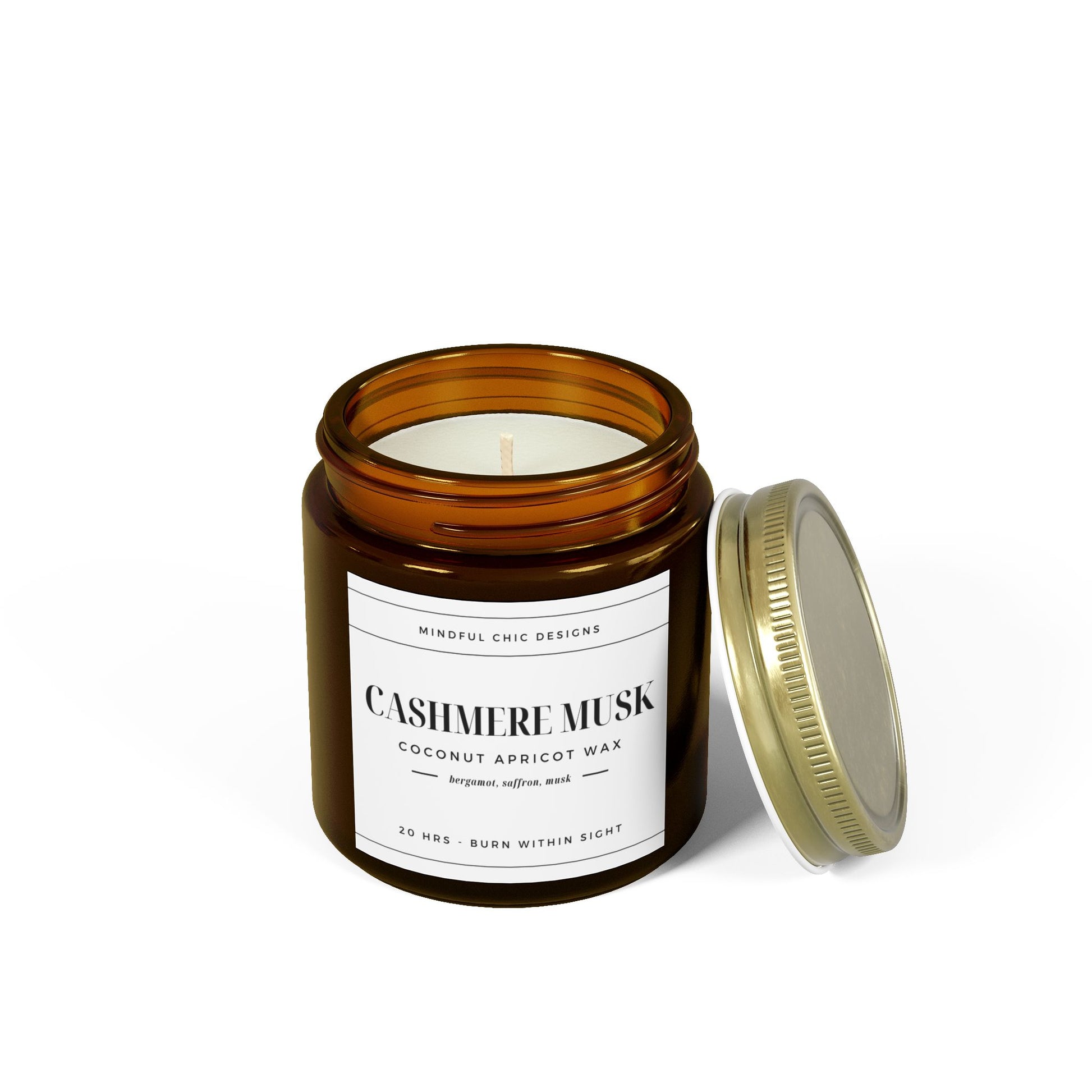 Scented Candle, Cashmere Musk, Amber Jar, 2 sizes - Mindful Chic Designs 