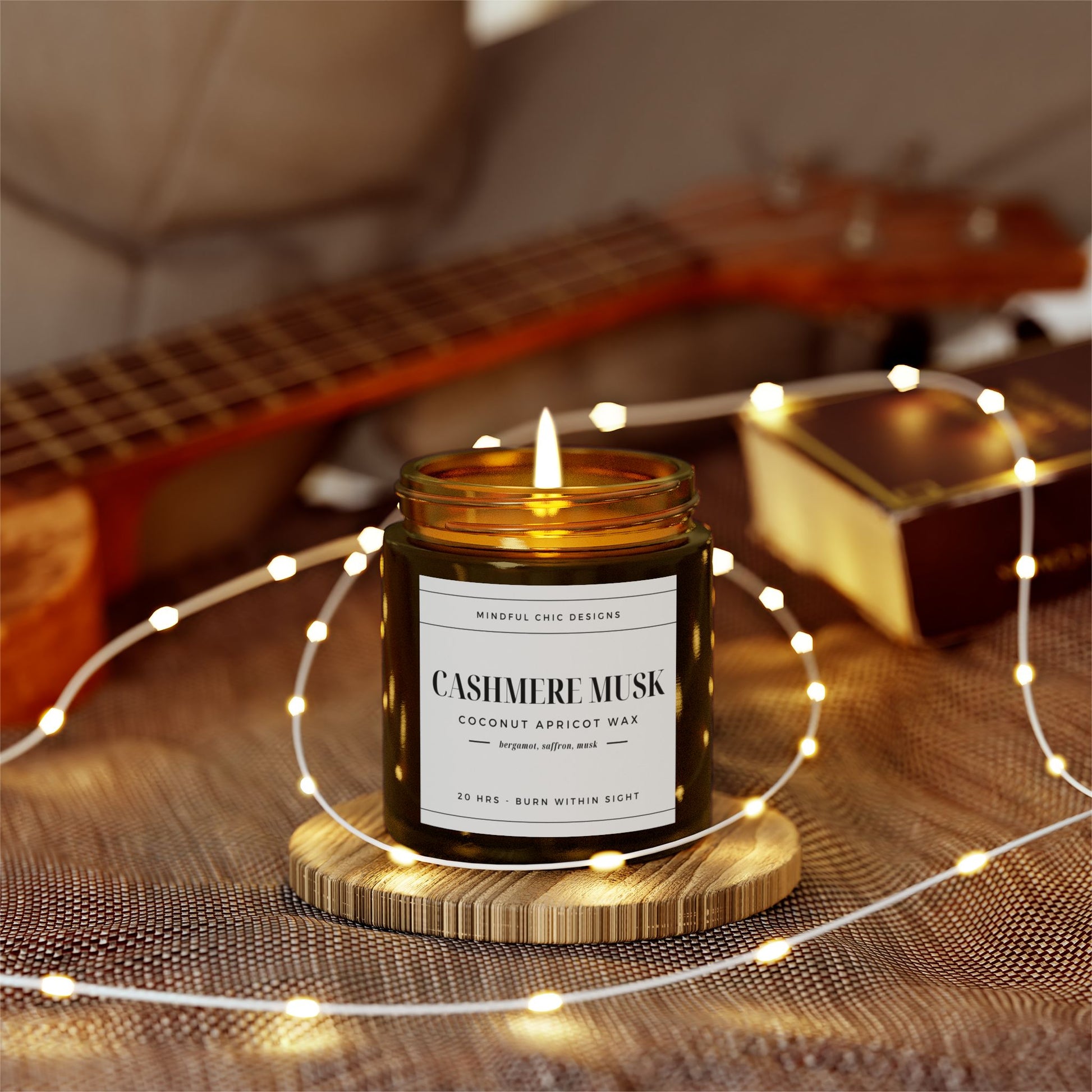 Scented Candle, Cashmere Musk, Amber Jar, 2 sizes - Mindful Chic Designs 