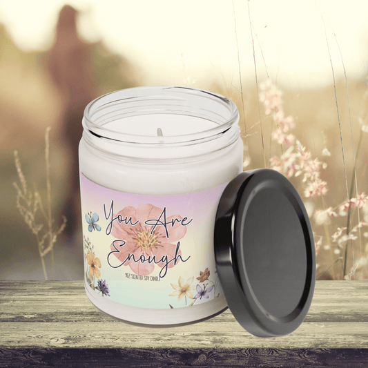 You Are Enough Natural Soy Wax Scented Candle Spring Design with Cotton Wick in 9oz Glass Jar - Mindful Chic Designs